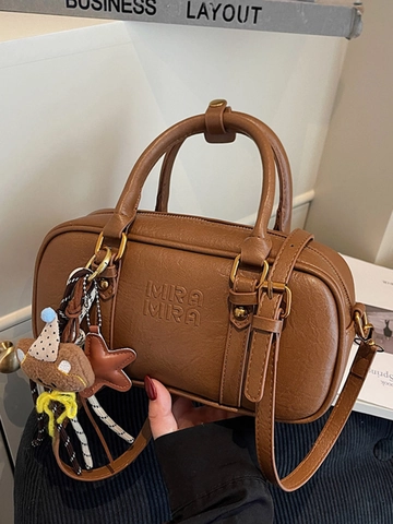 Borsa a Cuscino Boston da Donna in Pelle PU Vintage Minimalista Estetica Tracolla Borsa a Mano Con Ciondolo a Orsetto