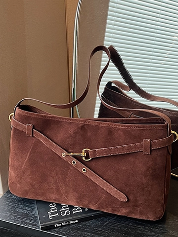 Women's Large Capacity Suede Tote Bag Retro Minimalist Shoulder Bag Decorative Metal Buckle Solid Color Commuter Handbag
