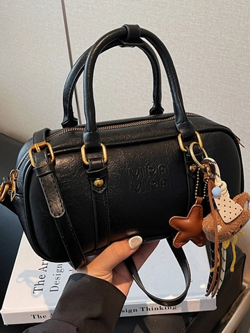 Borsa a Cuscino Boston da Donna in Pelle PU Vintage Minimalista Estetica Tracolla Borsa a Mano Con Ciondolo a Orsetto