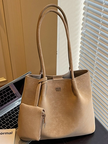 Vintage Große Kapazität PU Leder Einkaufstasche Für Damen Einfache Pendler Schultertasche Handtasche Mit Abnehmbarer Minitasche