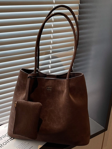 Vintage Große Kapazität PU Leder Einkaufstasche Für Damen Einfache Pendler Schultertasche Handtasche Mit Abnehmbarer Minitasche