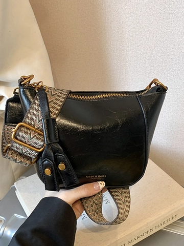Damen Mode PU Leder Schultertasche Urbaner Minimalismus Kleine Quadratische Tasche Vintage Breiter Jacquard Gurt Umhängetasche