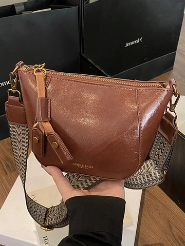 Damen Mode PU Leder Schultertasche Urbaner Minimalismus Kleine Quadratische Tasche Vintage Breiter Jacquard Gurt Umhängetasche