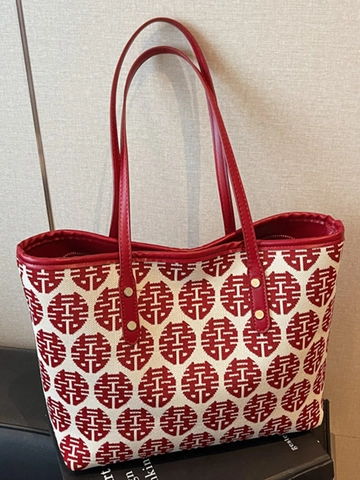 Feestelijke Chinese Dubbel Geluk Canvas Tote Tas Voor Dames Rood Wit Grote Capaciteit Schoudertas Synthetisch Leer Handvat