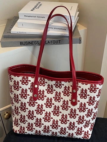 Feestelijke Chinese Dubbel Geluk Canvas Tote Tas Voor Dames Rood Wit Grote Capaciteit Schoudertas Synthetisch Leer Handvat