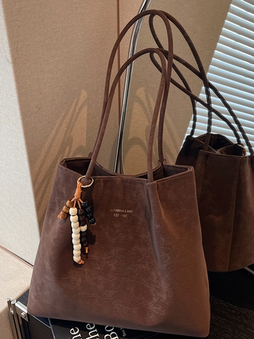Borsa Tote da Donna Grande Capacità in Scamosciato Sintetico Smerigliato Stile Coreano Borsa a Spalla con Ciondolo in Legno