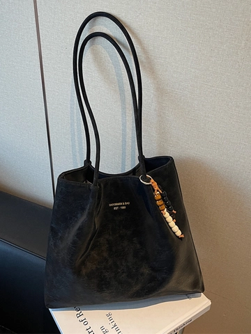 Borsa Tote da Donna Grande Capacità in Scamosciato Sintetico Smerigliato Stile Coreano Borsa a Spalla con Ciondolo in Legno