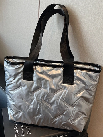 Borsa Tote Trapuntata da Donna Finitura Metallica Grande Capacità Borsa a Tracolla Leggera Casual Borsa Imbottita per Pendolarismo