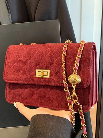 Gesteppte Samt Kleine Quadratische Tasche Mit Goldener Kugelkette Drehverschluss Umhängetasche Für Damen Vintage Chic Mode