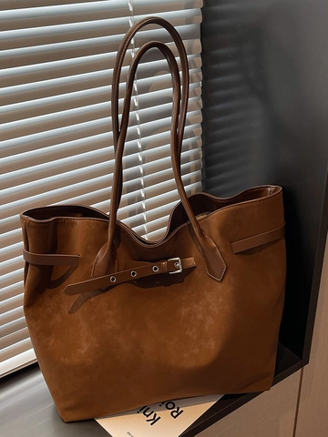 Bolso Tote de Cuero PU de Gran Capacidad para Mujer Vintage Minimalista Color Sólido Bolso de Hombro con Detalle Pespuntes