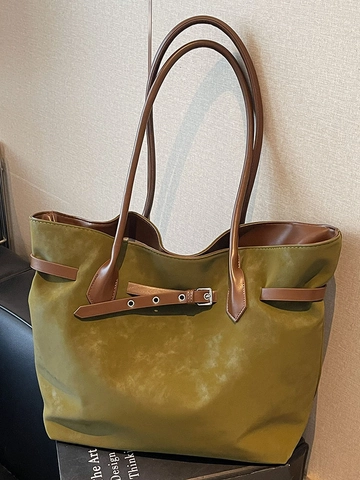 Bolso Tote de Cuero PU de Gran Capacidad para Mujer Vintage Minimalista Color Sólido Bolso de Hombro con Detalle Pespuntes