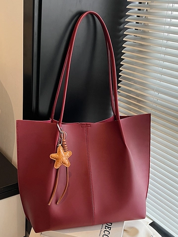 Large Capacity PU Leather Tote Bag For Women Solid Color Shoulder Bag With Star Pendant Minimalist Commuter Handbag