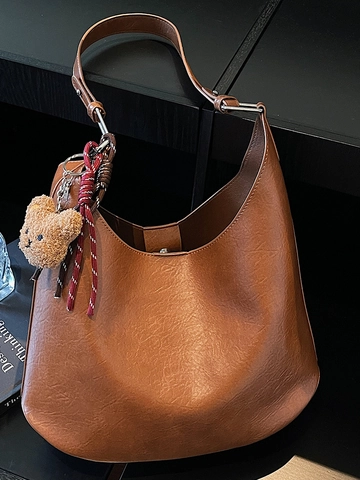 Vintage Große Kapazität PU Leder Schulter Tote Tasche Für Damen Urban Einfache Hobo Tasche Mit Plüschbär Charme Und Innentasche