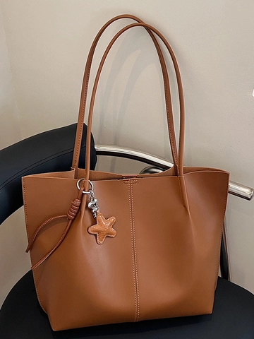Large Capacity PU Leather Tote Bag For Women Solid Color Shoulder Bag With Star Pendant Minimalist Commuter Handbag