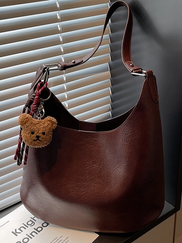 Vintage Große Kapazität PU Leder Schulter Tote Tasche Für Damen Urban Einfache Hobo Tasche Mit Plüschbär Charme Und Innentasche