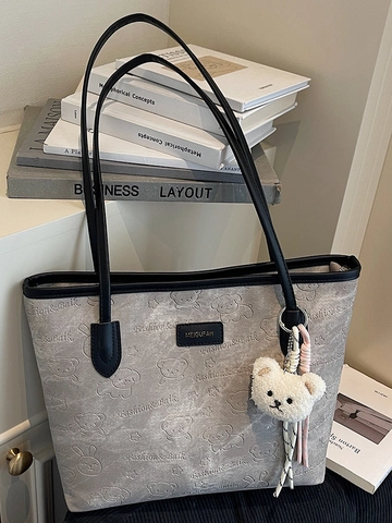 Borsa Tote da Donna Grande Capacità 2025 Autunno Pelle PU Cartone Animato Orso Goffrato Borsa a Spalla Semplice Moda