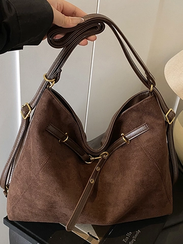 Borsa Tote da Donna in Camoscio di Grande Capacità Borsa a Tracolla Minimalista Urbana Retrò Cuciture Patchwork Pendolare