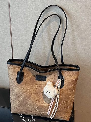 Borsa Tote da Donna Grande Capacità 2025 Autunno Pelle PU Cartone Animato Orso Goffrato Borsa a Spalla Semplice Moda