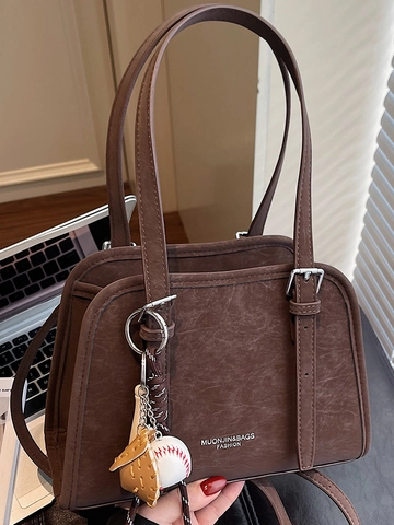 Vintage PU Leder Schultertasche Für Damen Urban Minimalistische Achseltasche Mit Baseball Anhänger Mode Umhängetasche
