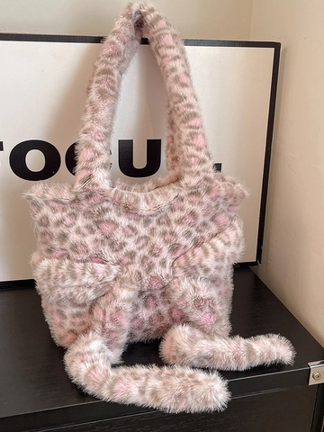 Süße Plüsch Schleife Schultertasche Kunstpelz Leopard Tiger Muster Große Kapazität Tragetasche Süße Flauschige Handtasche Für Damen