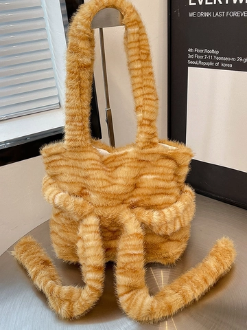Süße Plüsch Schleife Schultertasche Kunstpelz Leopard Tiger Muster Große Kapazität Tragetasche Süße Flauschige Handtasche Für Damen