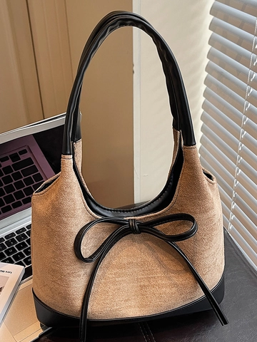 Women Large Capacity PU Patchwork Tote Bag Casual Bow Tie Decorative Shoulder Bag Fashion Commuting Handbag Urban Minimalist