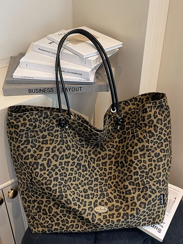 Damen Große Kapazität Leopardenmuster Canvas Tragetasche Urban Minimalistisch Lässig Schultertasche Mit Reißverschluss Für Arbeit Reise Shopping