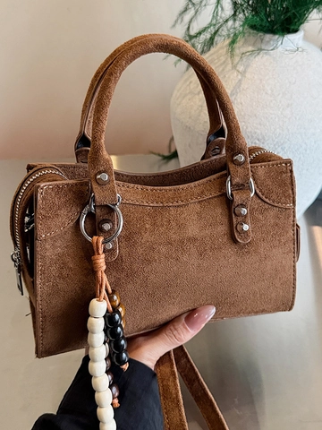 Vintage Suede Shoulder Bag For Women Rivet Decor Beaded Charm Handbag Small Square Crossbody Bag Minimalist Retro Purse