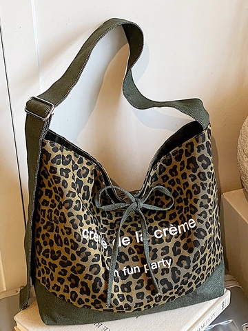 Γυναικεία Retro Τσάντα Tote Denim με Λεοπάρ Μοτίβο Μεγάλης Χωρητικότητας Casual Τσάντα Ώμου με Φιόγκο και Κορδόνι