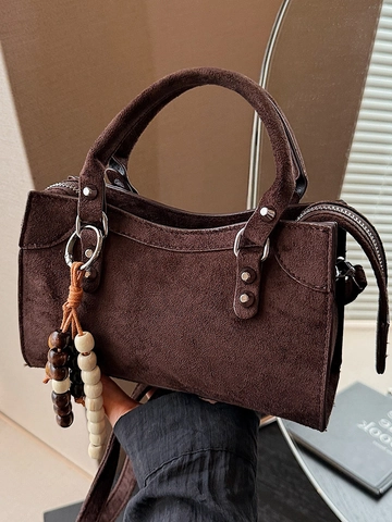 Vintage Suede Shoulder Bag For Women Rivet Decor Beaded Charm Handbag Small Square Crossbody Bag Minimalist Retro Purse
