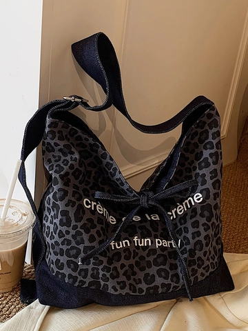 Γυναικεία Retro Τσάντα Tote Denim με Λεοπάρ Μοτίβο Μεγάλης Χωρητικότητας Casual Τσάντα Ώμου με Φιόγκο και Κορδόνι