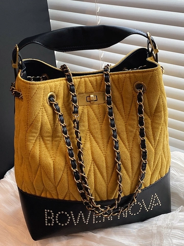 Borsa a Secchiello Trapuntata Giuntata da Donna Borsa a Tracolla alla Moda in Pelle PU con Catena di Grande Capacità Borsa da Pendolare