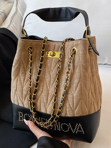 Borsa a Secchiello Trapuntata Giuntata da Donna Borsa a Tracolla alla Moda in Pelle PU con Catena di Grande Capacità Borsa da Pendolare