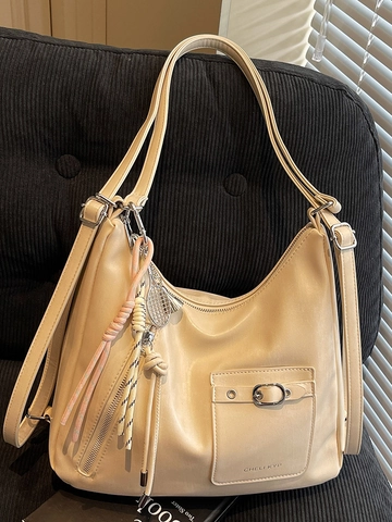 Women PU Leather Shoulder Bag Commuter Tote Bag With Tennis Racket Charm Fashion Large Capacity Underarm Hobo Bag