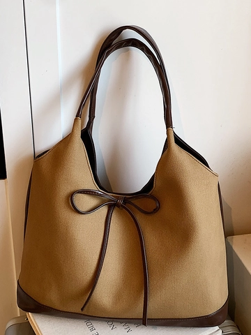 Bolso Tote Vintage con Lazo para Mujer Gran Capacidad Color de Contraste Bolso de Hombro Estilo Coreano PU Lona Bolso
