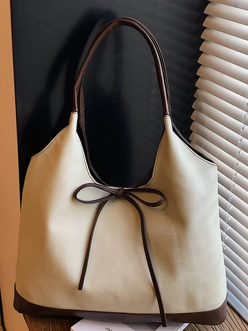 Bolso Tote Vintage con Lazo para Mujer Gran Capacidad Color de Contraste Bolso de Hombro Estilo Coreano PU Lona Bolso