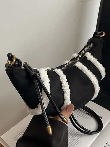 Damen Wildleder Halbmond Umhängetasche Sherpa Besatz Crescent Crossbody Bag Retro Minimalistisch Lässig Hobo Tasche Winter Mode