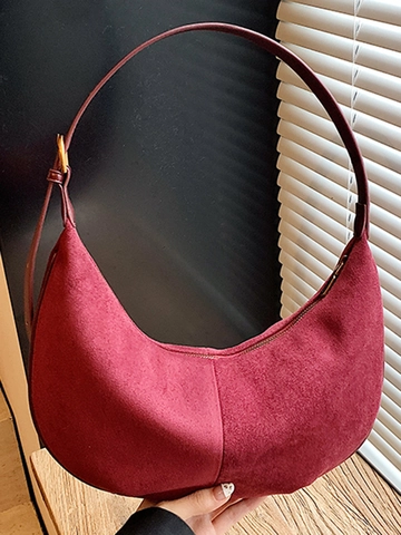 Bolso de Hombro de Gamuza Retro para Mujer Bolso de Media Luna Minimalista Hobo Bolso de Axila Color Sólido Bolso Diario
