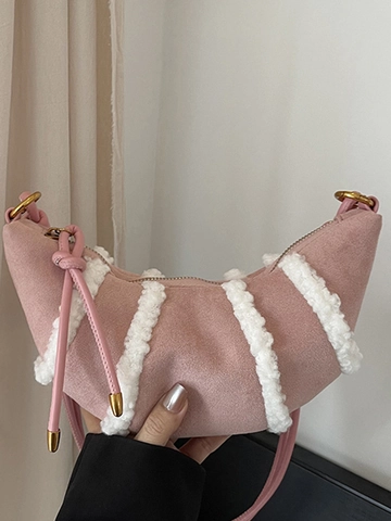 Damen Wildleder Halbmond Umhängetasche Sherpa Besatz Crescent Crossbody Bag Retro Minimalistisch Lässig Hobo Tasche Winter Mode