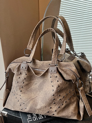 Borsa Tote Vintage con Borchie da Donna Grande Capacità in Pelle PU Borsa a Tracolla Retrò per Pendolari con Borchie in Metallo