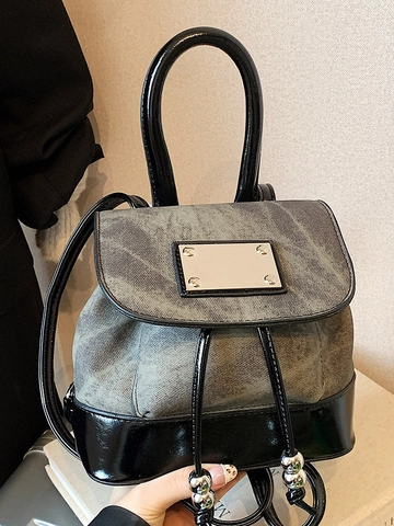 Women Vintage Mini Backpack Contrast Color PU Leather Drawstring Small Backpack Retro Academic Style Handbag Shoulder Bag Daily Fashion Bag