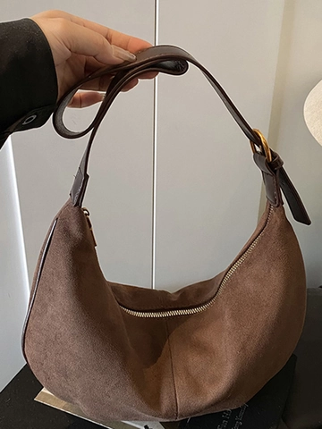 Bolso de Hombro de Gamuza Retro para Mujer Bolso de Media Luna Minimalista Hobo Bolso de Axila Color Sólido Bolso Diario