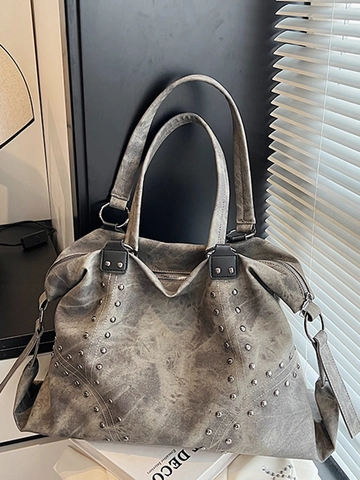 Borsa Tote Vintage con Borchie da Donna Grande Capacità in Pelle PU Borsa a Tracolla Retrò per Pendolari con Borchie in Metallo
