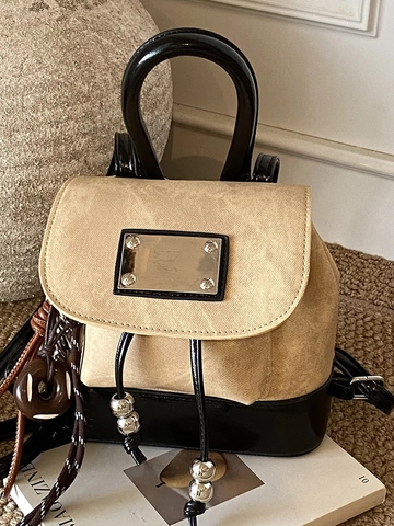 Women Vintage Mini Backpack Contrast Color PU Leather Drawstring Small Backpack Retro Academic Style Handbag Shoulder Bag Daily Fashion Bag