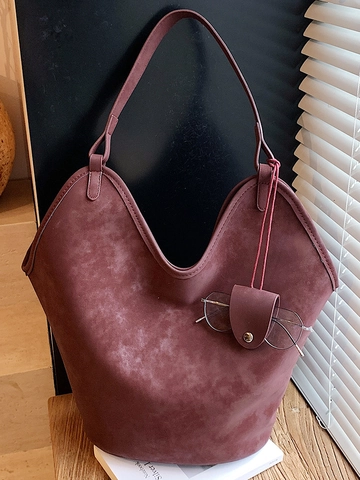 Minimalist Women PU Large Capacity Tote Bag With Inner Pouch Retro Commuter Shoulder Bag Solid Color Elegant Fashion Handbag
