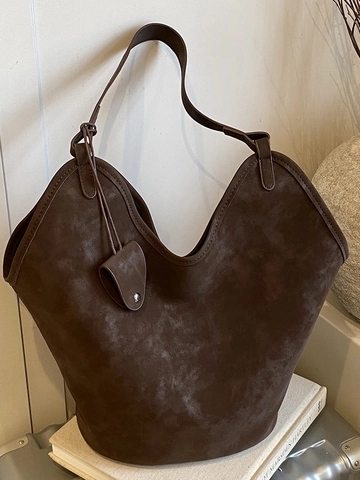 Minimalist Women PU Large Capacity Tote Bag With Inner Pouch Retro Commuter Shoulder Bag Solid Color Elegant Fashion Handbag
