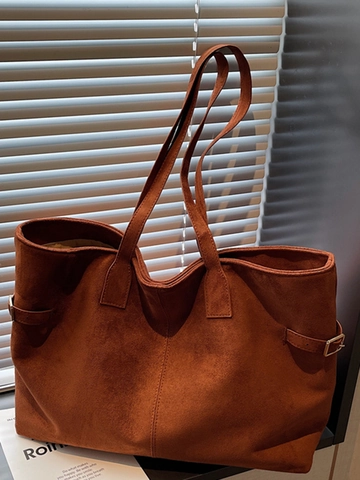 Women Large Capacity Tote Bag Faux Suede Minimalist Shoulder Bag Solid Color Commuter Handbag Daily Casual Travel Bag