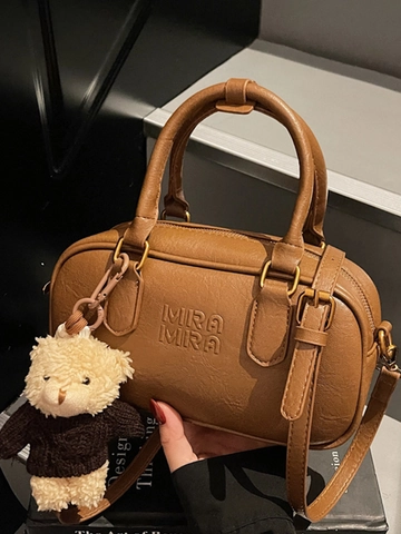 Mira Mira Women Boston Bag PU Leather Top Handle Crossbody Bag With Teddy Bear Pendant 2025 Autumn Fashion Shoulder Bag