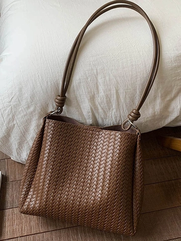 Damen Große Kapazität Retro Gewebte PU Leder Tragetasche Minimalistische Urbane Pendler Schultertasche Mit Innentasche Geknoteter Gurt