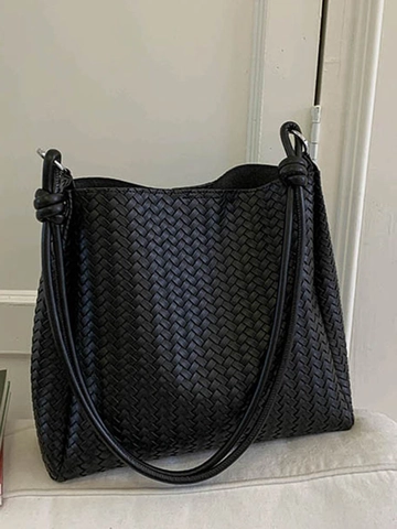 Damen Große Kapazität Retro Gewebte PU Leder Tragetasche Minimalistische Urbane Pendler Schultertasche Mit Innentasche Geknoteter Gurt